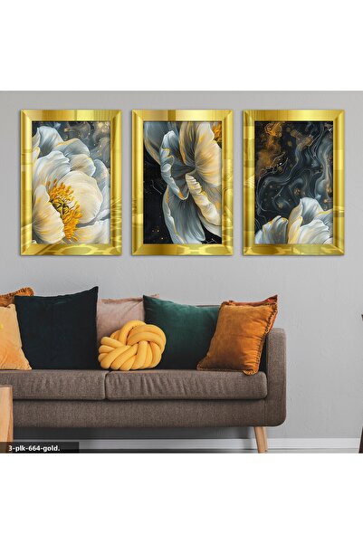 Evinemoda Tablou cu oglindă din plexiglas auriu, cu detalii florale, 3 piese