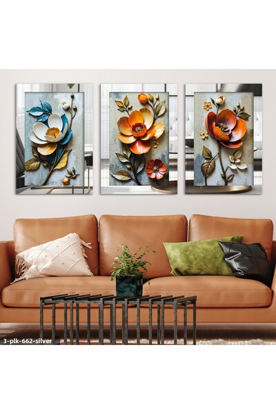 Evinemoda Flori colorate 3 piese pictură cu oglindă din plexiglas argintiu