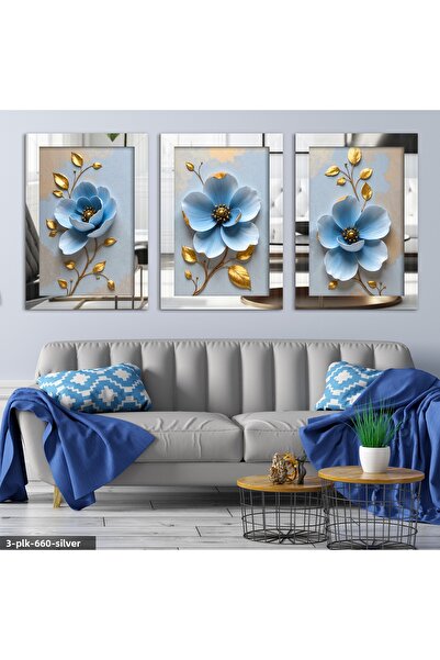 Evinemoda Tablou cu oglindă din plexiglas argintiu, 3 piese, cu flori albastre și frunze aurii