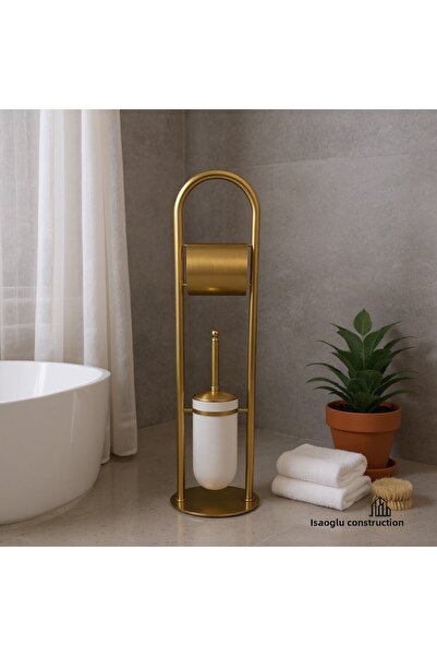 İSAOĞLU YAPI طقم حامل فرشاة المرحاض وحامل ورق التواليت ذهبي غير لامع، طقم حمام بقاعدة ذهبية غير لامعة، مصنوع من النحاس