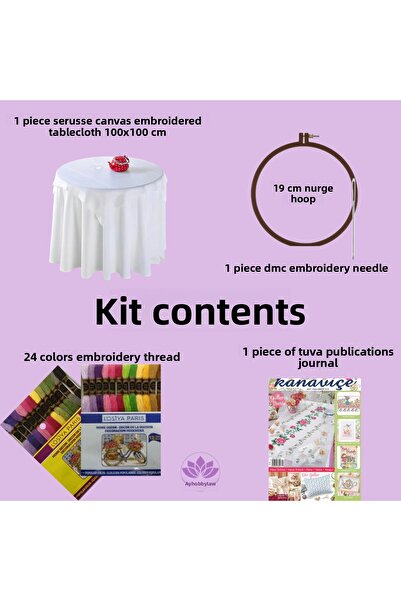 LİLYHOBBYLAND Kaneviçe Starter Set Serusse 100X100 cm Tablecloth + 24 Colors of Thread + Pulley + Needle + Magazine
