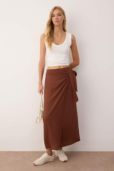 Trendyol Collection Sustainable Brown Tie-Up Double-Breasted Closure Viscose Fabric Maxi Length Woven Skirt Twoss24Et00006