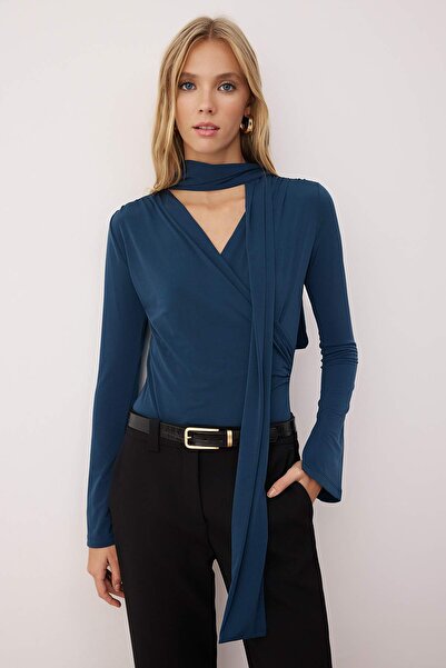 Trendyol Collection Petrol Shawl Detailed Fitted/Fitted Body Stretchy Knitted Body Twoaw26Bd00007