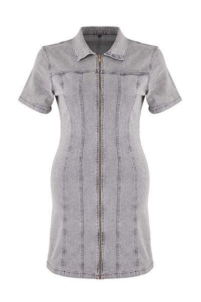 Trendyol Curve Gray Front Zipper Medium Stretch Denim Plus Size Dress Tbbss24Ah00206