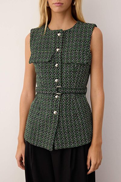 Trendyol Collection Green Black Belted Buttoned Fitted Woven Tweed Vest Twoaw26Ye00037
