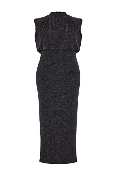 Trendyol Curve Black Tulle Knitted Maxi Length Plus Size Dress Tbbss25Ah00247