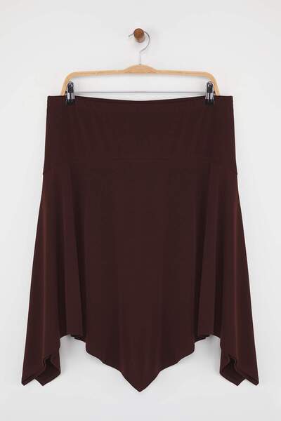 Trendyol Curve Brown Elastic Waist Skirt Asymmetrical Midi Knitted Plus Size Skirt Tbbaw26Az00020