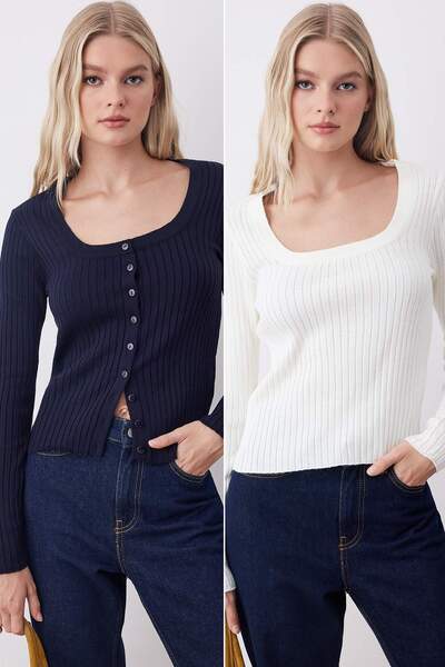 Trendyol Collection Navy Blue-Ecru Basic 2 Pack Knitwear Sweater-Cardigan Twoaw26Hi00209