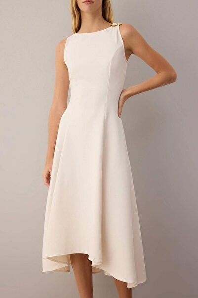 Trendyol Collection Stone Plain Accessory Detail Midi Woven Dress Twoaw26El00116