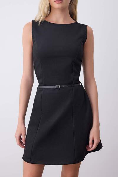 Trendyol Collection Black Straight Belted Short/Mini Knitted Dress Twoaw26El00201