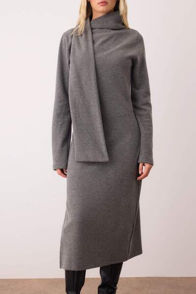 Trendyol Collection Anthracite Shawl Detail Thessaloniki / Knitwear Look Bodycon Maxi Knitted Dress Twoaw26El00216