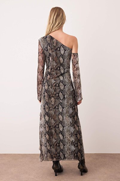 Trendyol Collection Multi-Colored Animal Ruffle Maxi Open Shoulder Detailed Stretchy Tulle Knitted Dress Twoaw26El00214