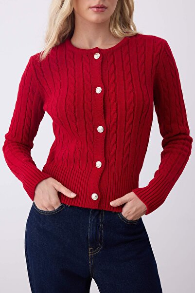 Trendyol Collection Ecru-červený dvoudílný úpletový kardigan TWOAW26HI00218