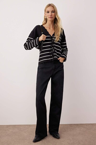 Trendyol Collection Black Striped V-Neck Ribbon Tie-Up Detail Premium Yarn/Special Yarn Knitwear Cardigan Twoaw26Hi00072