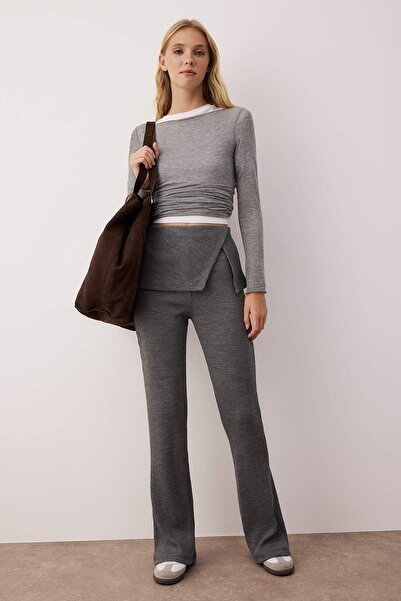 Trendyol Collection Anthracite Ribbed Flare/Spanish Leg Folded Waist Pants Twoaw26Pl00078