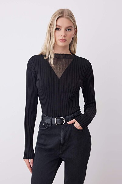 Trendyol Collection Black Transparent Detailed Knitwear Sweater Twoaw26Kz00229