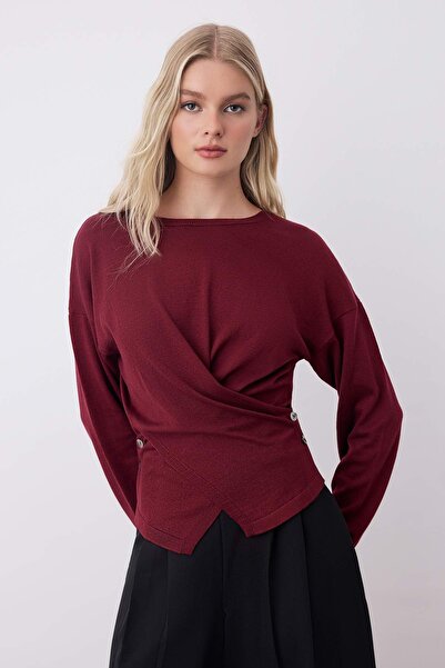 Trendyol Collection Burgundy Cotton Blend Lacing Detail Knitwear Sweater Twoaw26Kz00216