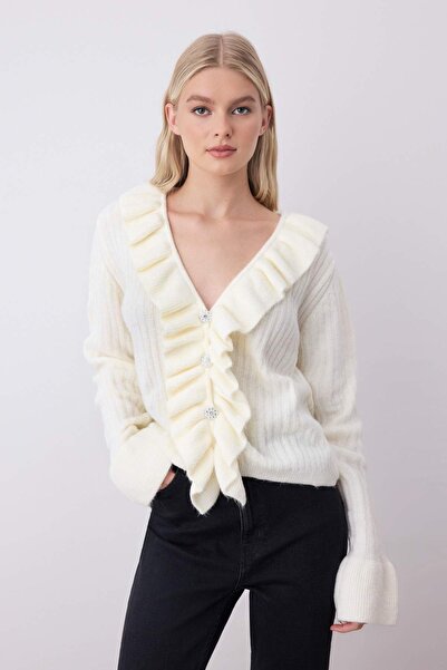 Trendyol Collection Ecru Button and Ruffle Detail V-Neck Soft Textured Knitwear Cardigan Twoaw26Hi00041
