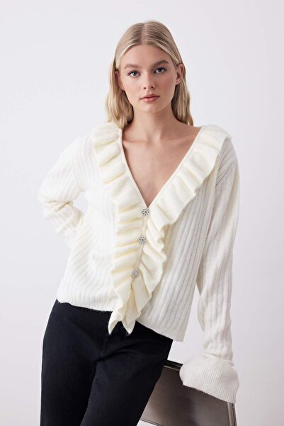 Trendyol Collection Ecru Button and Ruffle Detail V-Neck Soft Textured Knitwear Cardigan Twoaw26Hi00041