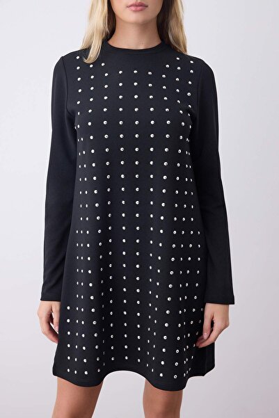 Trendyol Collection Black Stone Detailed Long Sleeve Mini Stretchy Knitted Dress Twoaw26El00208