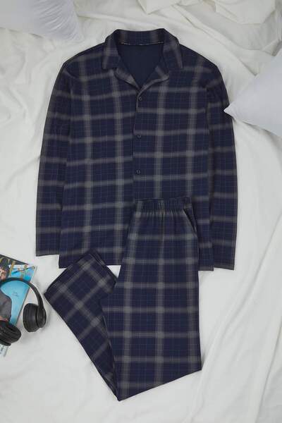 Trendyol Collection Navy Regular Fit Plaid Checked Shirt-Pants Knitted Pajama Set Tmnaw26Pt00014