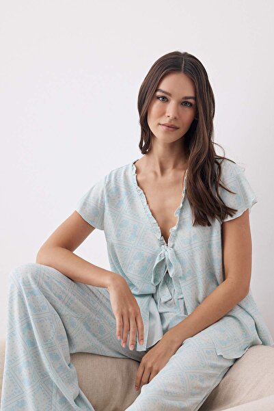 Trendyol Collection Light Blue Ethnic Patterned Woven Pajama Set with Ruffle and Tie Detail Thmaw26Pt00086