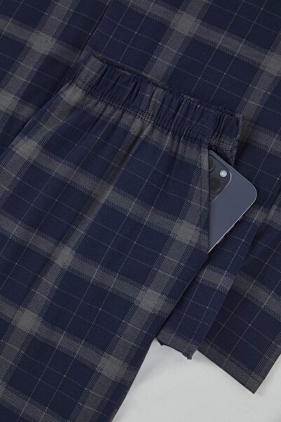 Trendyol Collection Navy Regular Fit Plaid Checked Shirt-Pants Knitted Pajama Set Tmnaw26Pt00014