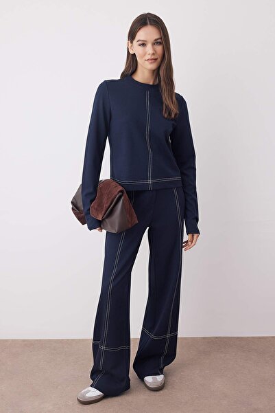 Trendyol Collection Navy Blue Stand Collar Regular/Normal Cut Stitching Detail Knitted Blouse Twoaw26Bz00107