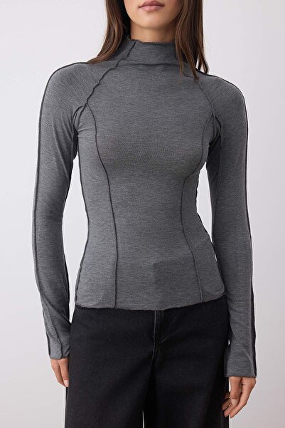 Trendyol Collection Anthracite Rib Stitch Fitted/Slim Fit Knitted Blouse Twoaw26Bz00178