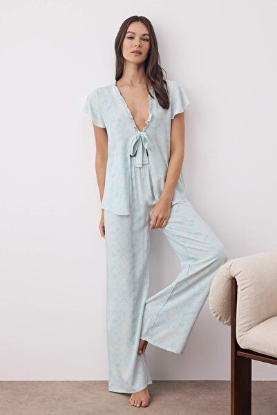 Trendyol Collection Light Blue Ethnic Patterned Woven Pajama Set with Ruffle and Tie Detail Thmaw26Pt00086