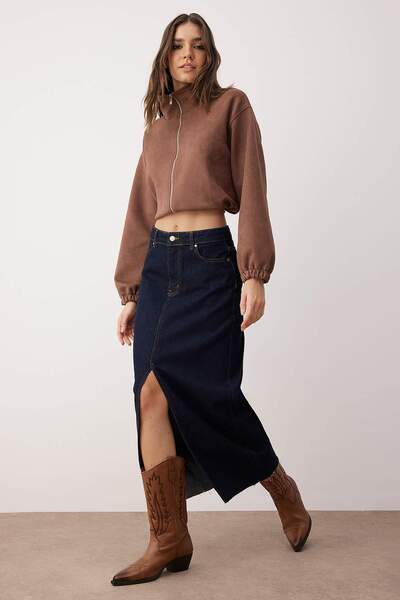 Trendyol Collection Udržitelná tmavě modrá Maxi džínová sukně - Slit Twoss23Et00290