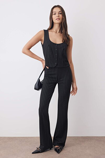 Trendyol Collection Black Striped Square Collar Buttoned Stretchy Top Flare/Spanish Leg Bottom Knitted Bottom-Top Suit Twoaw26Au00093
