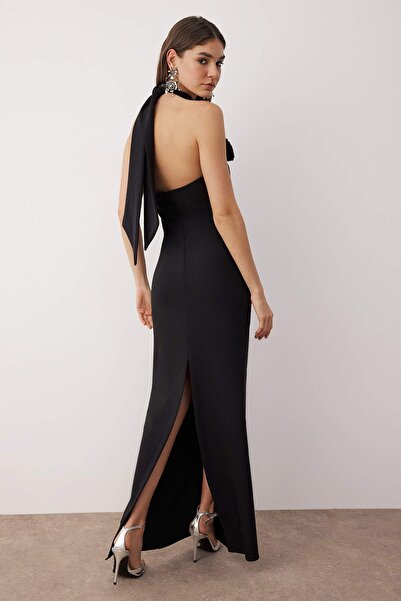 Trendyol Collection Černá růže Detailně tkané dlouhé elegantní večerní šaty Noční promoce TPRSS24AE00011