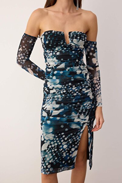 Trendyol Collection Multi-Colored Patterned Bodycon Carmen Neckline Lined Tulle Midi Dress Tpraw26El00009