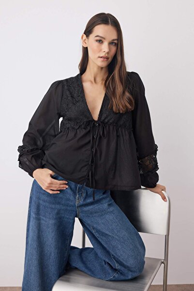 Trendyol Collection Black Lace Tie-Up V-Neck Woven Blouse Twoaw26Bz00053