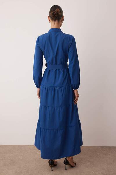 Trendyol Modest Saks öves főgallér gombrészlet szőtt ruha TCTSS21EL3343