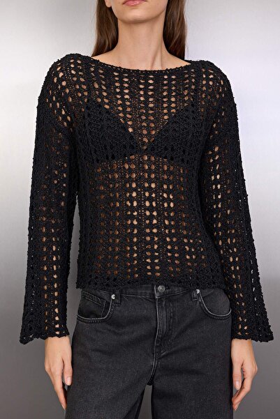 Trendyol Collection Black Special Yarn Openwork/Hollowed Boat Neck Knitwear Sweater Twoaw26Kz00193