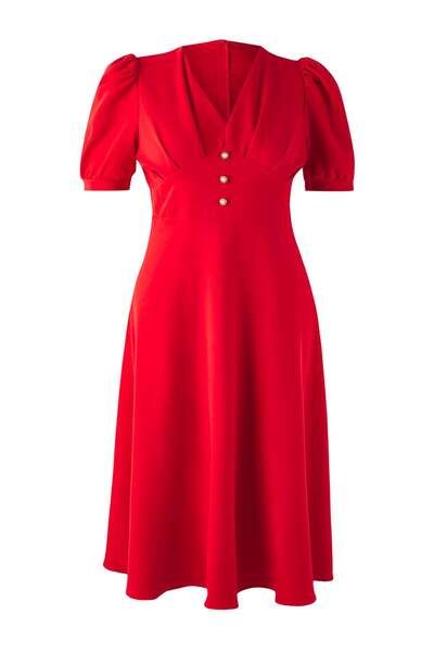 Trendyol Curve Red V-Neck Midi Finike Woven Plus Size Dress Tbbss25Ah00234