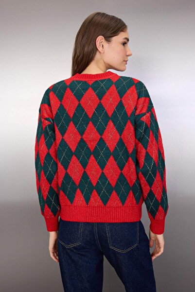 Trendyol Collection Red New Year Themed Soft Textured Glitter Knitwear Sweater Twoaw26Kz00233