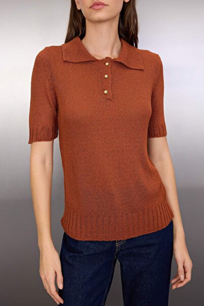 Trendyol Collection Cinnamon Brümer νήματα πόλο γιακά πλεκτά λεπτή μπλούζα TWOSS25BZ00341