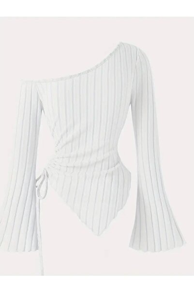 meren like your style Γυναικεία λευκή ασύμμετρη πλεκτή μπλούζα με έναν ώμο – ισπανικό μανίκι, με λεπτομέρεια με κορδόνι