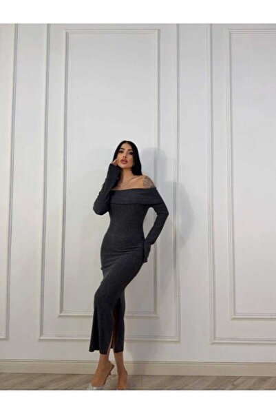 Kinzi Kadın Antrasit Omuz Dekolteli Uzun Kollu Triko Kayık Yaka Davet ve Günlük Kombin Elbisesi