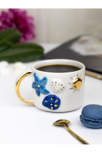EL YAPIMI 24k Altın Süslemeli Okyanus Temalı El Yapımı Seramik Mug