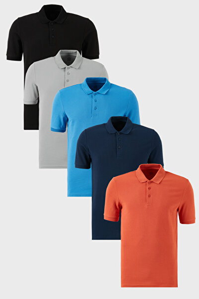 Buratti Pamuklu Regular Fit Düğmeli Polo Yaka 5'li Paket T Shirt Erkek T SHİR...