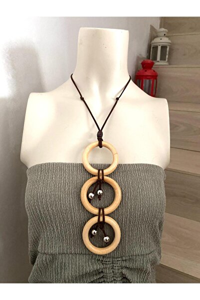 canan dizayn Bohemian Authentic Three Wooden Ring Suede Thread Dark Brown Nec...