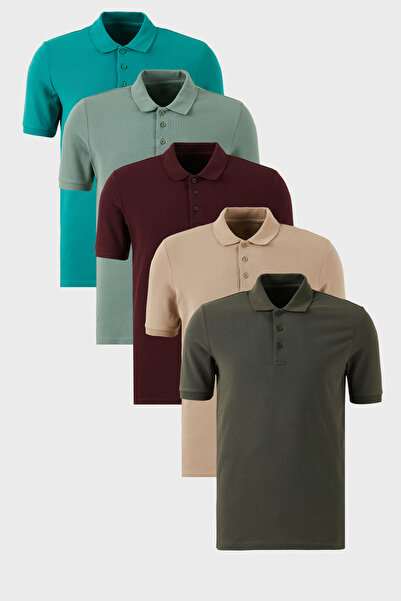 Buratti Pamuklu Regular Fit Düğmeli Polo Yaka 5'li Paket T Shirt Erkek T SHİR...
