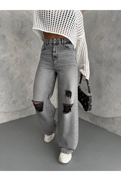 XBELLA DENİM Γυναικείο φαρδύ τζιν με ψηλόμεσο λέιζερ