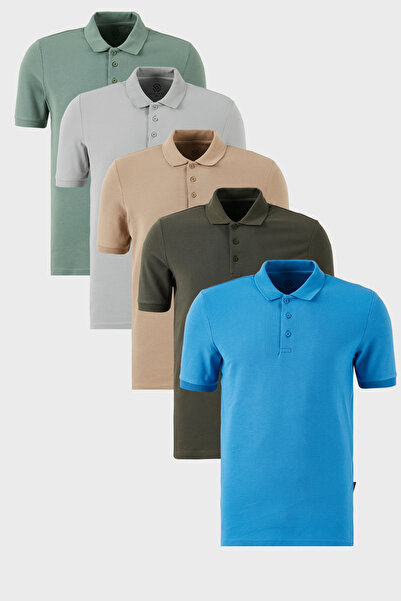 Buratti Pamuklu Regular Fit Düğmeli Polo Yaka 5'li Paket T Shirt Erkek T SHİR...