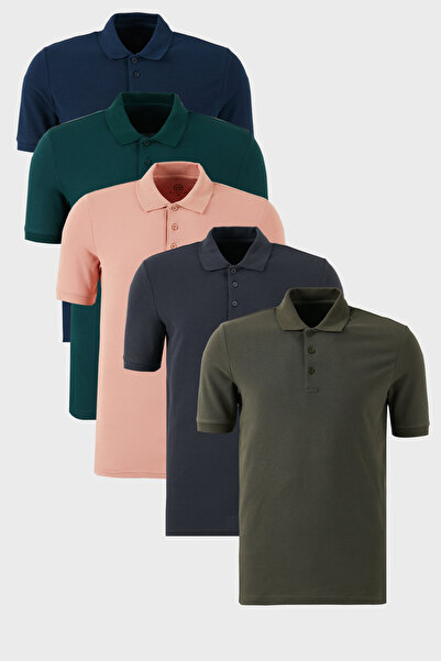 Buratti Pamuklu Regular Fit Düğmeli Polo Yaka 5'li Paket T Shirt Erkek T SHİR...