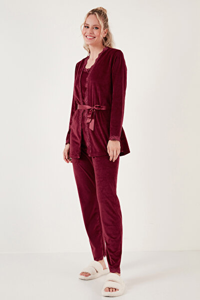 Lela Regular Fit Lace Soft Textured Velvet Pajama Set with Dressing Gown PAJAMA SET 6095545
